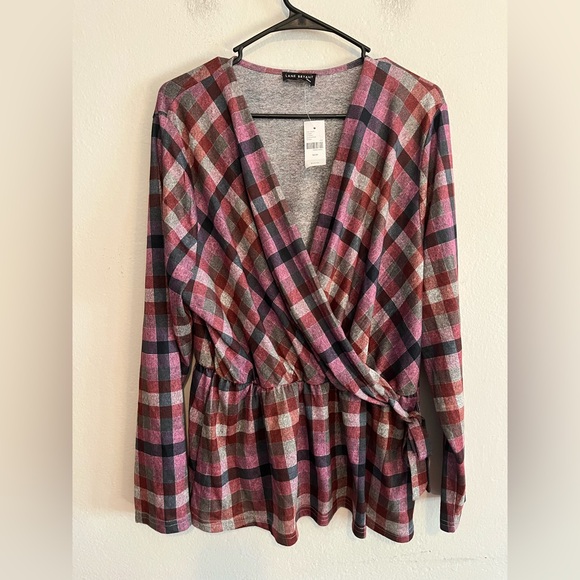 3/$20 Lane Bryant NWT Classic Faux-Wrap Plaid Top 18/20 Purple Surplice Peplum - Picture 1 of 10